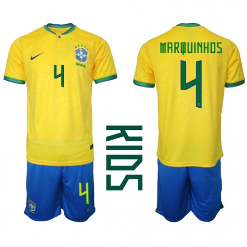 Brasil Marquinhos #4 Hjemmedraktsett Barn VM 2022 Kortermet (+ Korte bukser) Brasil Marquinhos #4 Hjemmedraktsett Barn VM 2022 Kortermet (+ Korte bukser)